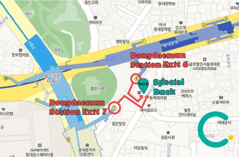 Map illustrating the route from Dongdaemun Station to Special Duck Restaurant.